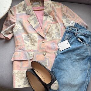 Le Chouchou Vintage Women's Floral Short Sleeve Blazer - Pink and Gray Size L